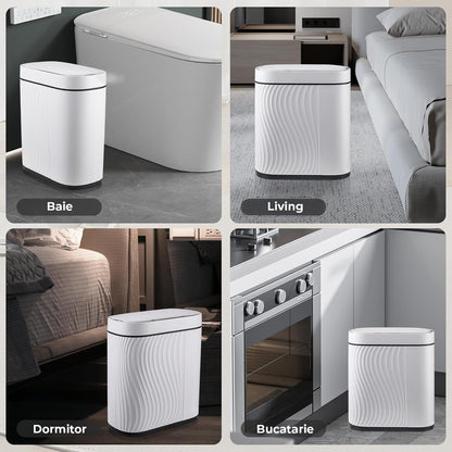 Cos de Gunoi cu Senzor Elindor® cu Capacitate 7.5l, Capac Inteligent Anti-Miros, Deschidere Silentioasa, Design Elegant, Subtire, Ideal pentru Baie, Bucatarie, Birou, Dormitor, Perfect pentru Colectare Deseuri, Rezistent la Apa IPX5 Alb / Negru