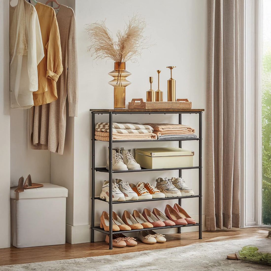 Organizator pentru Pantofi Elindor® Pantofar cu 5 Nivele Mari, Fara Gauri, Suport Metalic pentru Papuci, Dulap Hol, Dormitor, Economisire Spatiu, Depozitare Incaltaminte, 75 x 30 x 91 cm, Negru/Maro