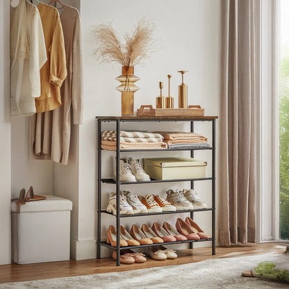 Organizator pentru Pantofi Elindor® Pantofar cu 5 Nivele Mari, Fara Gauri, Suport Metalic pentru Papuci, Dulap Hol, Dormitor, Economisire Spatiu, Depozitare Incaltaminte, 75 x 30 x 91 cm, Negru/Maro