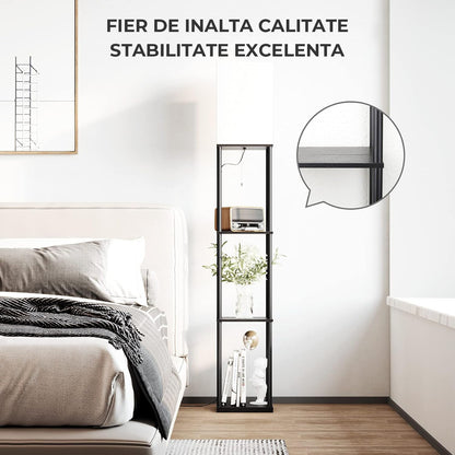 Lampa de Podea Decorativa Elindor® cu Structura Metalica, Rafturi de Depozitare,Abajur Textil, Negru