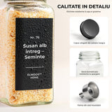 Set 24 Recipiente Condimente Elindor® din Sticla cu Capac Metalic Negru, cu Sita, Organizator Bucatarie, Organizatoare Sertar, Borcane 120 ml, 2 Tipuri de Etichete, Palnie Metalica, Transparent