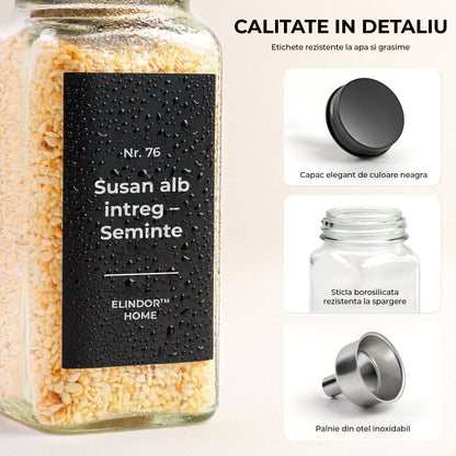 Set 24 Recipiente Condimente Elindor® din Sticla cu Capac Metalic Negru, cu Sita, Organizator Bucatarie, Organizatoare Sertar, Borcane 120 ml, 2 Tipuri de Etichete, Palnie Metalica, Transparent