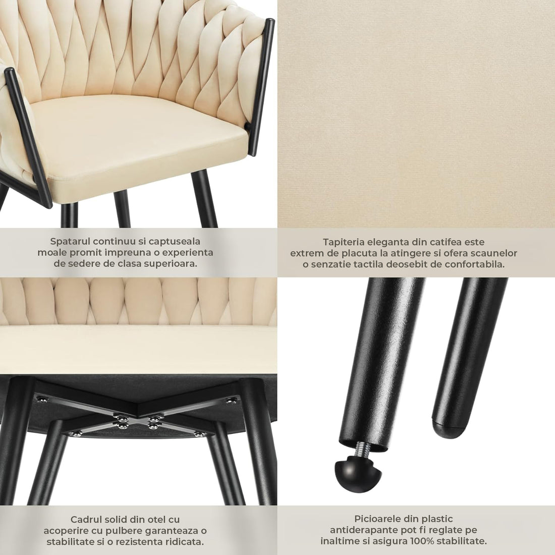 Set 2 Scaune Elindor® Ergonomice, Tip Scoica, Design Contemporan, Scaun cu Spatar si cu Manere, din Catifea cu Picioare Metalice Aurii, Potrivite pentru Living, Bucatarie, Birou, Dormitor, Latime Sezut 44 cm, 71 x 50 x 45 cm, Bej