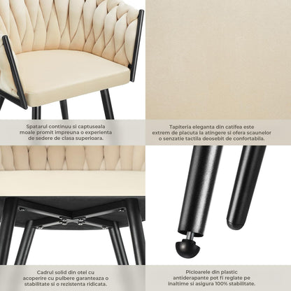 Set 2 Scaune Elindor® Ergonomice, Tip Scoica, Design Contemporan, Scaun cu Spatar si cu Manere, din Catifea cu Picioare Metalice Aurii, Potrivite pentru Living, Bucatarie, Birou, Dormitor, Latime Sezut 44 cm, 71 x 50 x 45 cm, Bej