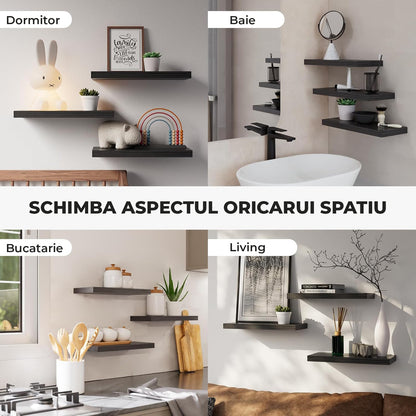 Set 3 Rafturi Elindor® Negre, Raft Suspendat de Depozitare, Mobila Bucatarie, Dormitor, Baie sau Birou, Etajera Practica cu Design Aerisit, Usor de Asamblat, Perfecta pentru Organizare Carti, Vesela, Condimente, Polita Produse Diverse, 40 x 17 x 1.5 cm