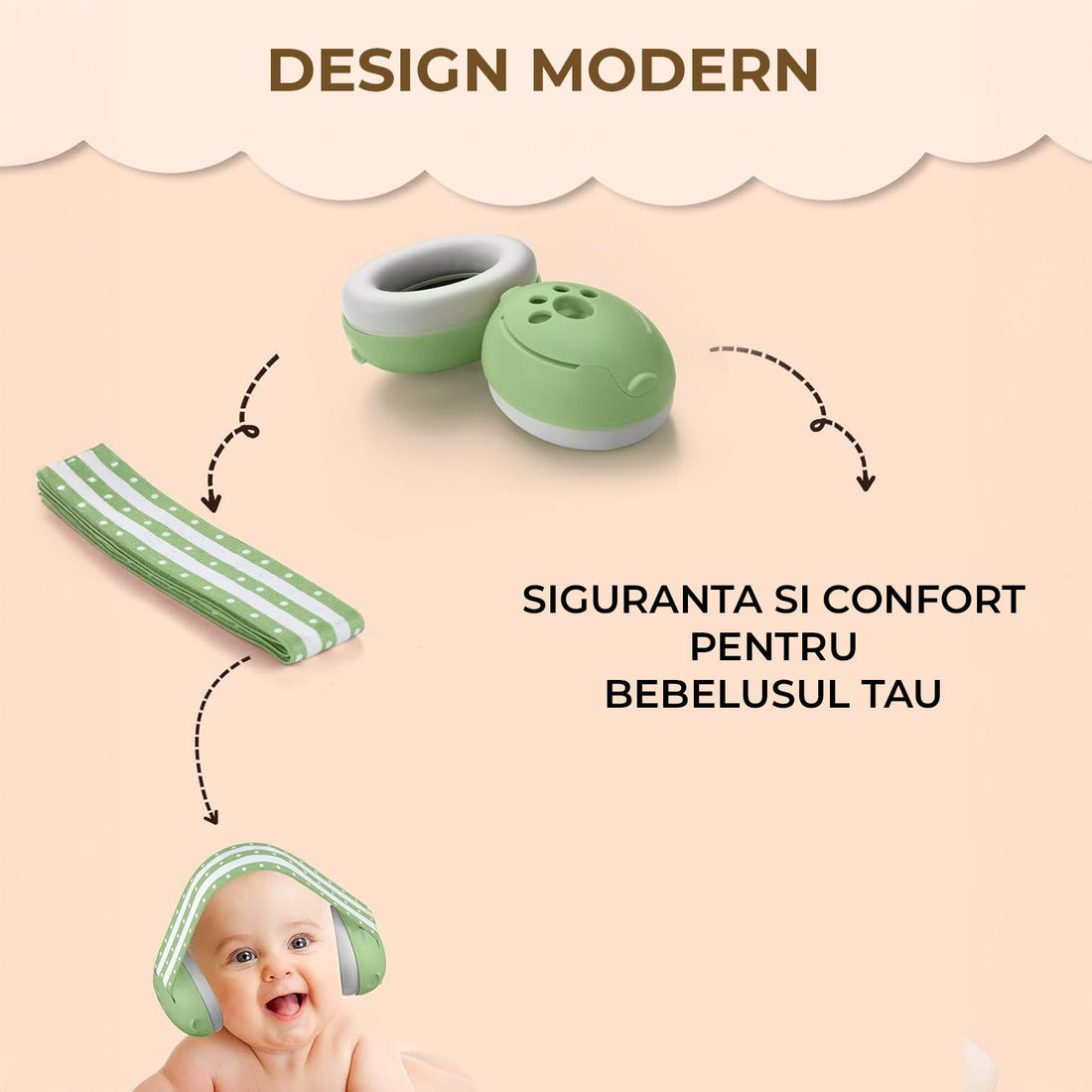 Casti Antifonice Elindor® pentru Bebelusi, Varsta intre 3 si 18 luni, cu Pernute Moi pentru Urechi, Benzi Anti-alunecare din Silicon, Prindere cu Arici, 3 Dimensiuni Reglabile, Reducere a Zgomotului cu 25 dB, Accesorii Bebe, Verde