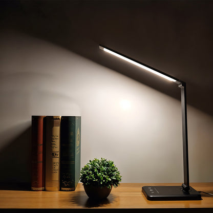 Lampa de Birou Elindor® Neagra cu LED, Pliabila, Incarcare USB si Incare Wireless Telefon, 5 Moduri Lumina Camera Rece/Cald si 5 Intensitati, Veioza Control prin Atingere, Potrivita si pentru Noptiera in Dormitor, Oprire Automata, 39 x 3 x 10,8 cm