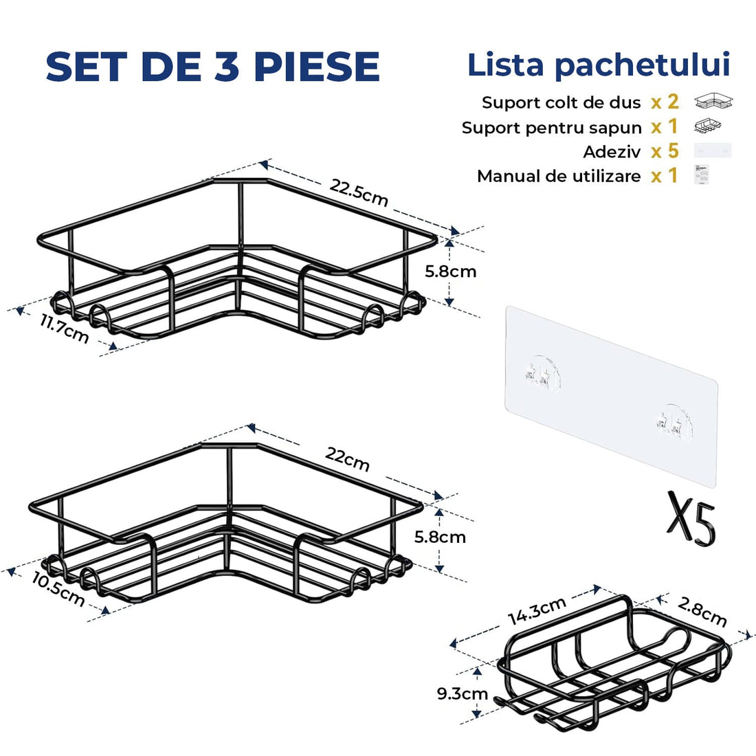 Set 3 Rafturi Elindor® Organizator pentru Dus, Sustine 18 kg, Potrivit in Baie, Bucatarie, Negru