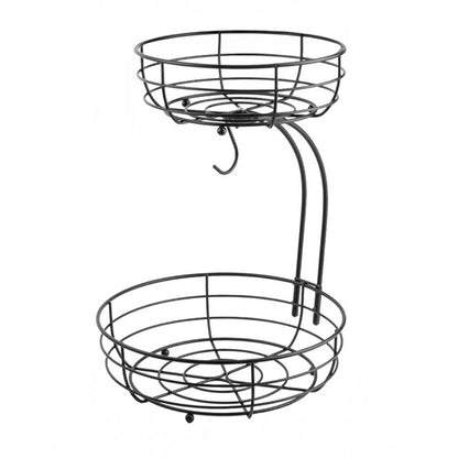 Cos de Fructe si Legume Elindor® Metalic, pe 2 Nivele, cu Carlig pentru Banane, Potrivit pentru Blat sau Masa Bucatarie, Living, Organizator cu Suport Detasabil, Depozitare Universala, 38 x 28 x 22 cm, Negru