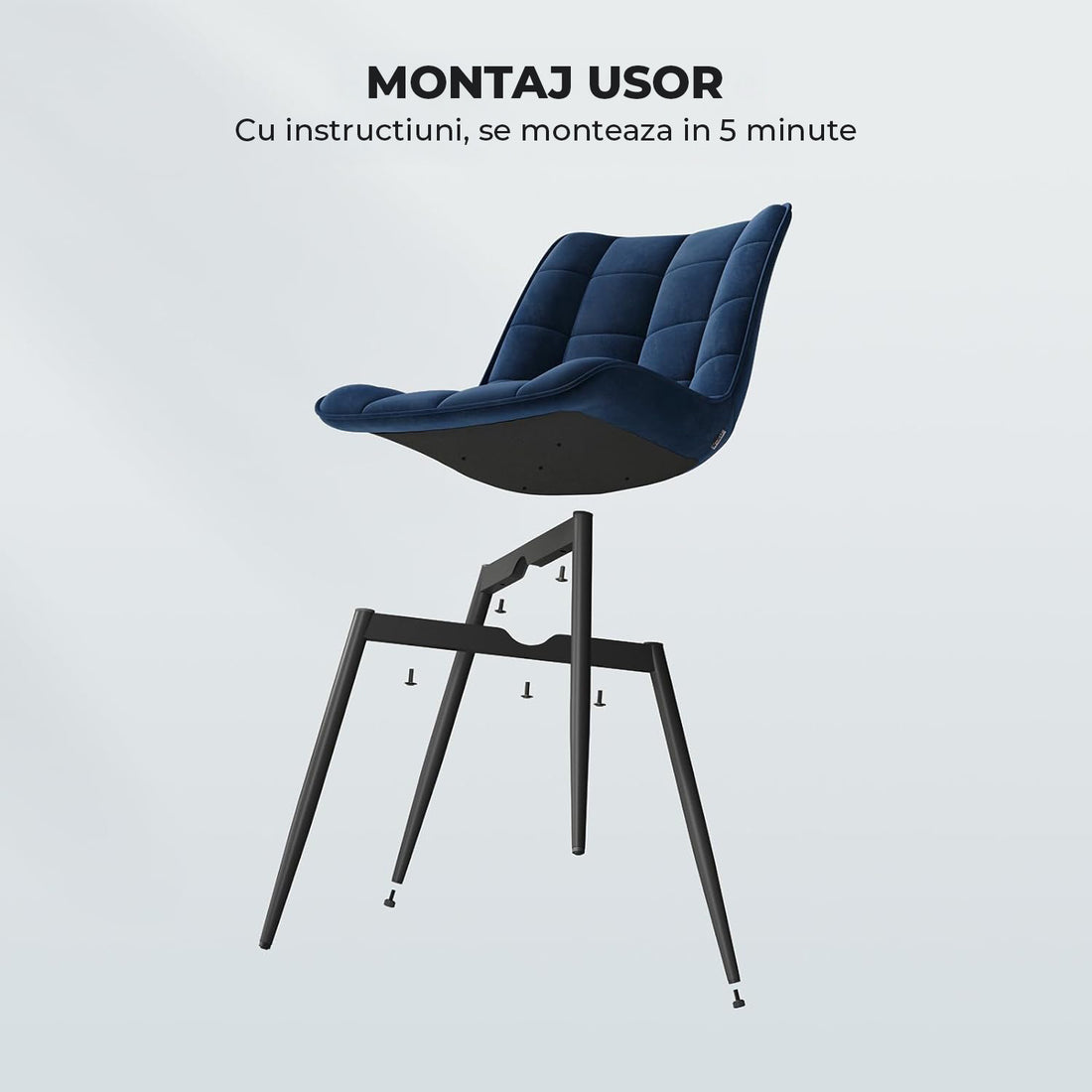 Set 2 Scaune Elindor® Ergonomice, Design Contemporan, Scaun cu Spatar si fara Manere, din Catifea cu Picioare Metalice Negre, Potrivite pentru Living, Bucatarie, Birou, Dormitor, Latime Sezut 46 cm, 85.5 x 45 x 42 cm, Albastru Marin