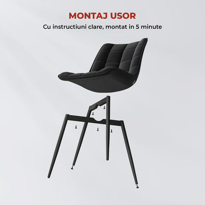 Set 2 Scaune Elindor® Ergonomice, Design Contemporan, Scaun cu Spatar si fara Manere, din Catifea cu Picioare Metalice Negre, Potrivite pentru Living, Bucatarie, Birou, Dormitor, Latime Sezut 46 cm, 85.5 x 45 x 42 cm, Negru