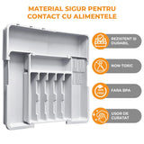 Organizator Extensibil Elindor® pentru Tacamuri si Ustensile de Bucatarie, 9 Compartimente, Sertar Extensibil 36.8-48.3 cm si 33.5 – 55.9 cm, Suport Ajustabil pentru Cutite, Linguri, Furculite, Gri