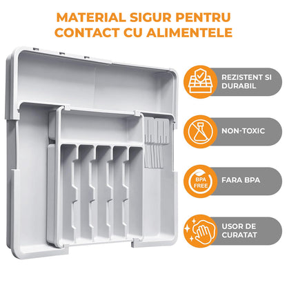 Organizator Extensibil Elindor® pentru Tacamuri si Ustensile de Bucatarie, 9 Compartimente, Sertar Extensibil 36.8-48.3 cm si 33.5 – 55.9 cm, Suport Ajustabil pentru Cutite, Linguri, Furculite, Gri