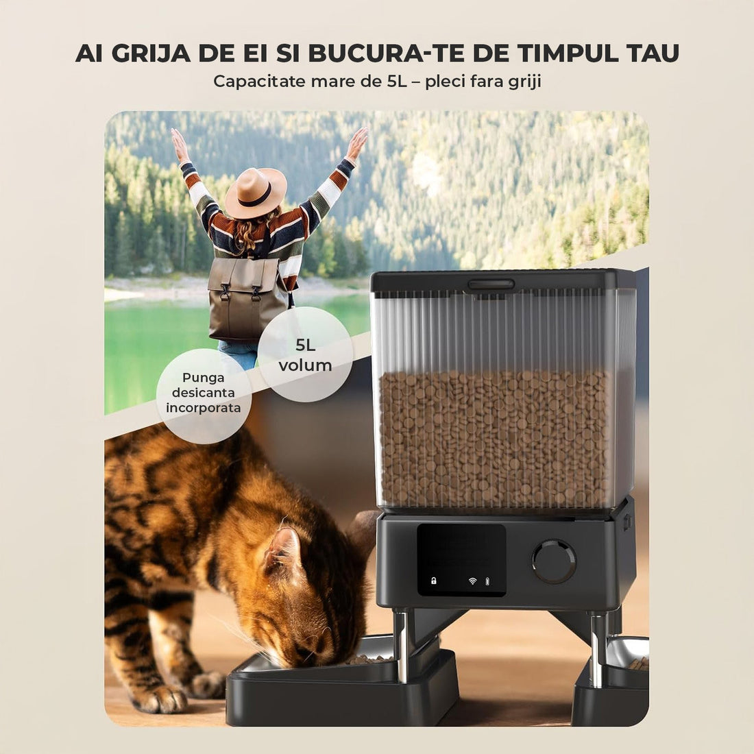 Hranitor Automat Elindor® 5L pentru Pisici si Caini, cu 2 Castroane din Inox, Control prin Aplicatie, WiFi 2.4G/5G, Functie Inregistrare Vocala, Usor de Utilizat, Negru
