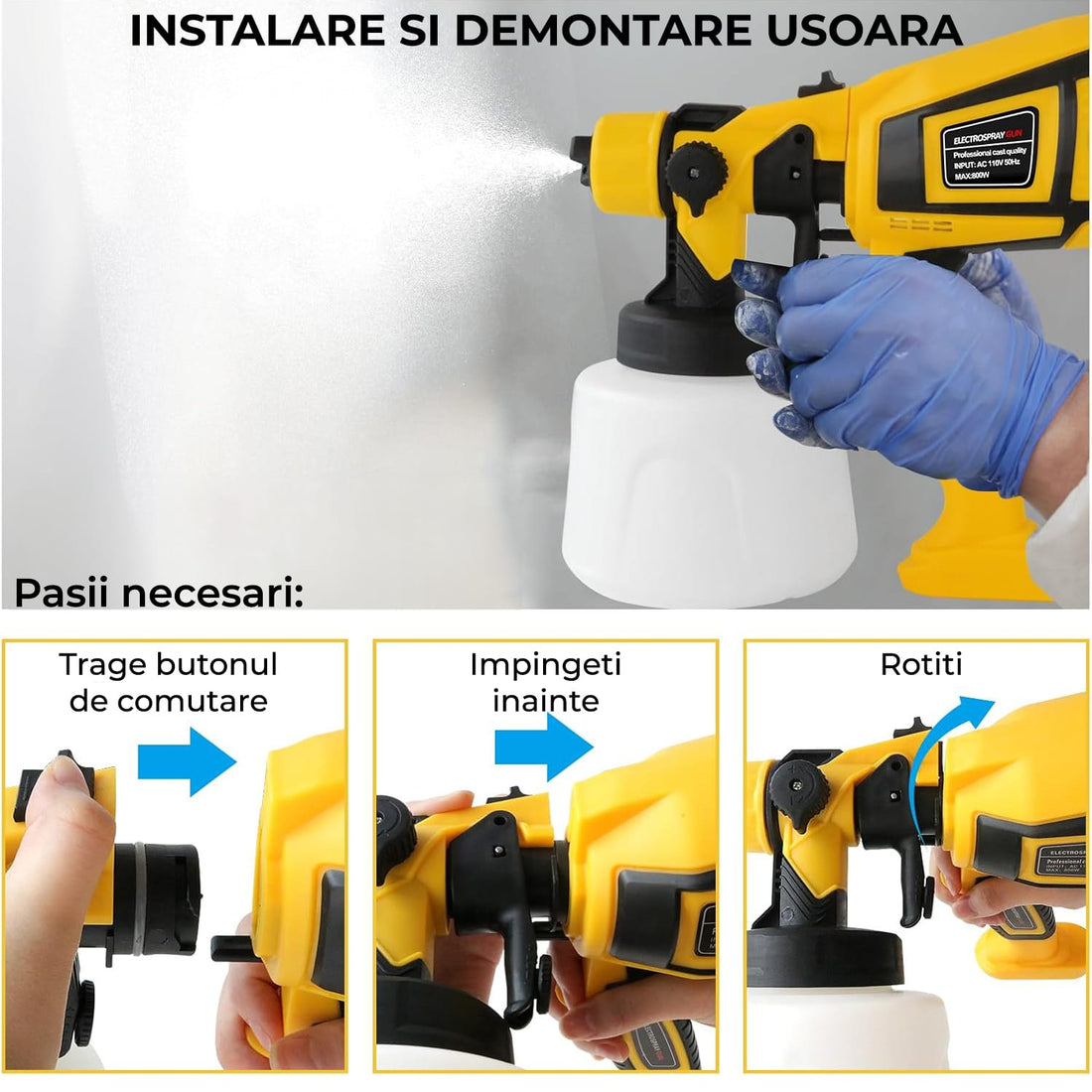 Pulverizator Vopsea Elindor®, Electric, 800W, Rezervor 900ml, 3 Duze, Galben