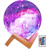 Lampa de Veghe Elindor® cu LED, Model Luna si Galaxie, Incarcare USB, 16 Culori pentru Camera cu Efect 3D, Veioza Control prin Atingere si cu Telecomanda, Potrivita si pentru Noptiera in Dormitor,  Atractiva pentru Camera Copilului, Baza din Lemn
