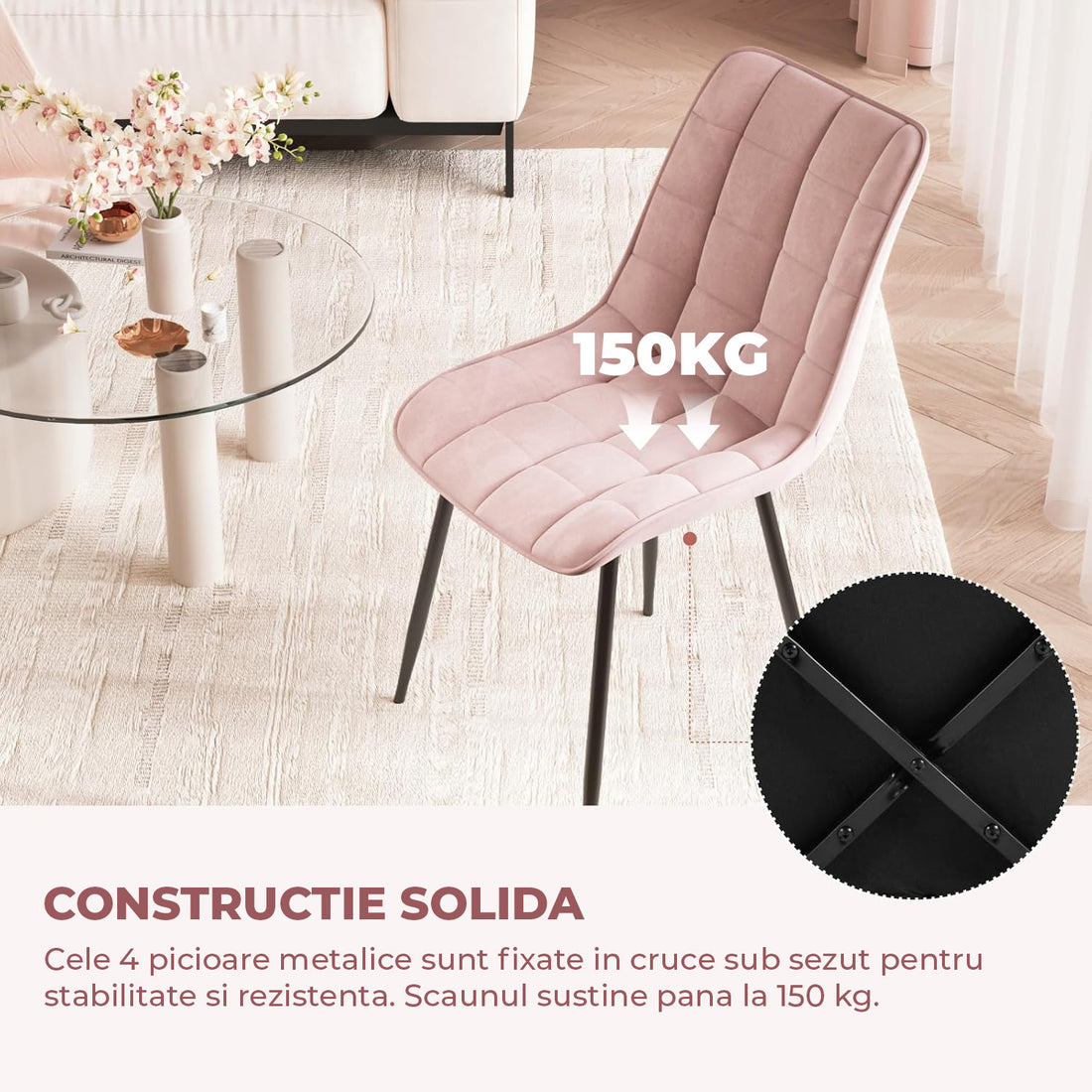 Set 2 Scaune Elindor® Ergonomice, Design Contemporan, Scaun cu Spatar si fara Manere, din Catifea cu Picioare Metalice Negre, Potrivite pentru Living, Bucatarie, Birou, Dormitor, Latime Sezut 46 cm, 85.5 x 45 x 42 cm, Roz