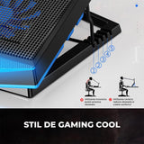 Cooler Laptop Gaming RGB Elindor® Suport cu Unghi Reglabil pe 5 Nivele, Viteza Ajustabila, Dimensiuni Compatabile 15.6-17 Inch, 5 Ventilatoare Puternice si Silentioase 20dB, 2 Porturi USB, pentru Birou, Calatorii, 45.5 x 32 x 3.2 cm, Negru