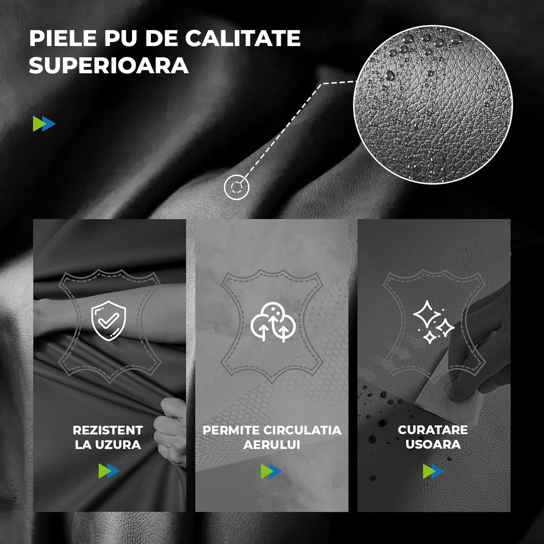 Scaun de Birou Elindor® Ergonomic, Design Contemporan, Scaun cu Spatar si Manere, din Piele PU cu Suport pentru Picioare si Roti, Latime Sezut 58 cm, Inaltime intre 48-56 cm, Negru