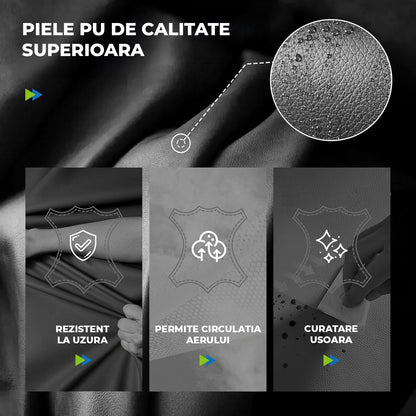 Scaun de Birou Elindor® Ergonomic, Design Contemporan, Scaun cu Spatar si Manere, din Piele PU cu Suport pentru Picioare si Roti, Latime Sezut 58 cm, Inaltime intre 48-56 cm, Negru