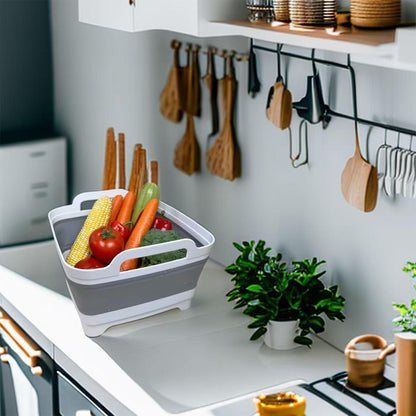 Lighean Pliabil Elindor® cu Dop de Scurgere, din Plastic Dur, Mare, Cos Rufe pentru Baie, Cadita pentru Animale de Companie, Ideal pentru Camping / Rulota, Baza Antialunecare, 30.5×31.5×20 cm, Gri / Alb