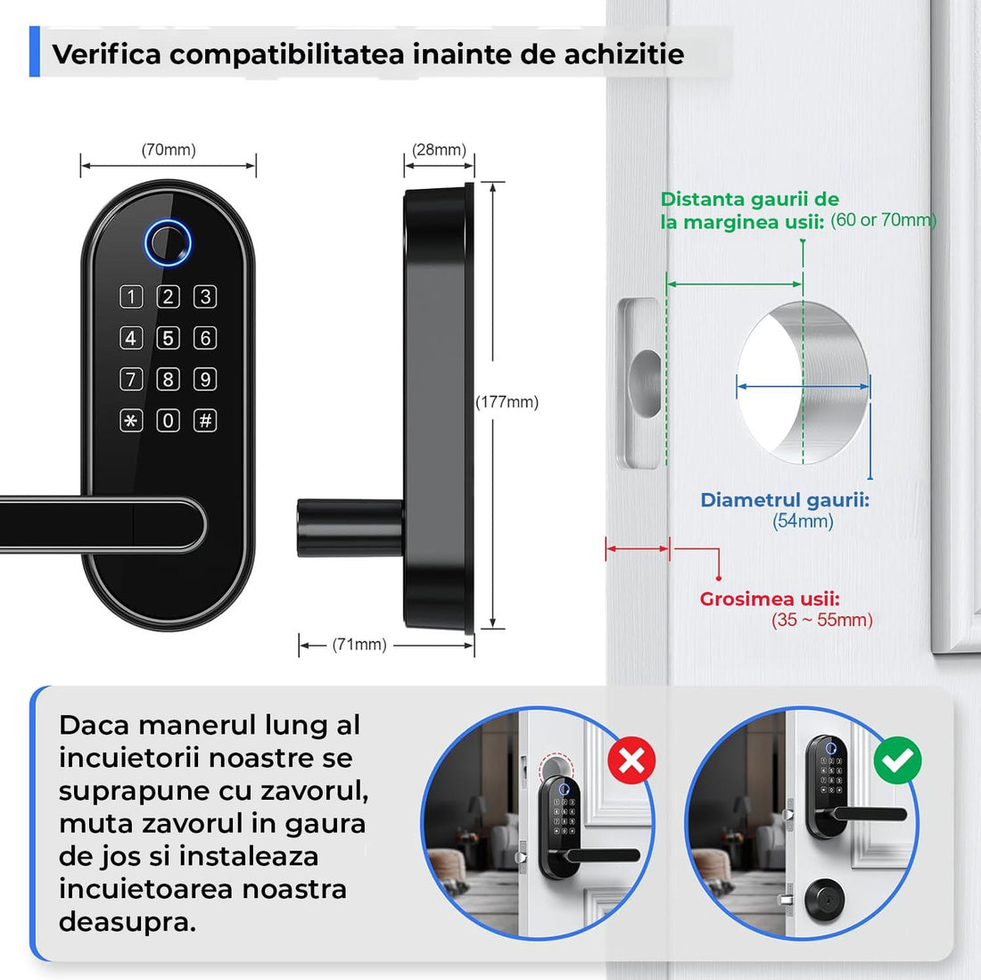 Yala Inteligentă Elindor® cu Amprentă și Cod de Acces, Fără Cheie, Negru