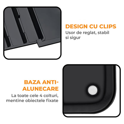 Organizator Extensibil Elindor® pentru Tacamuri si Ustensile de Bucatarie, 9 Compartimente, Sertar Extensibil 36.8-48.3 cm si 33.5 – 55.9 cm, Suport Ajustabil pentru Cutite, Linguri, Furculite, Negru