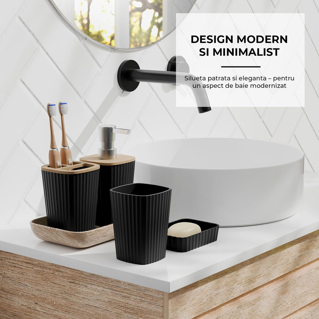 Set 20 Accesorii Baie Elindor® Include Cos de Gunoi, Set Perie WC, Suport Periuta Dinti, Pahar, Dozator Sapun, Sapuniera, Perdea Dus, 12 Carlige, Accesorii pentru Uz Casnic, Comercial, Rulote, Negru