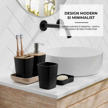 Set 20 Accesorii Baie Elindor® Include Cos de Gunoi, Set Perie WC, Suport Periuta Dinti, Pahar, Dozator Sapun, Sapuniera, Perdea Dus, 12 Carlige, Accesorii pentru Uz Casnic, Comercial, Rulote, Negru