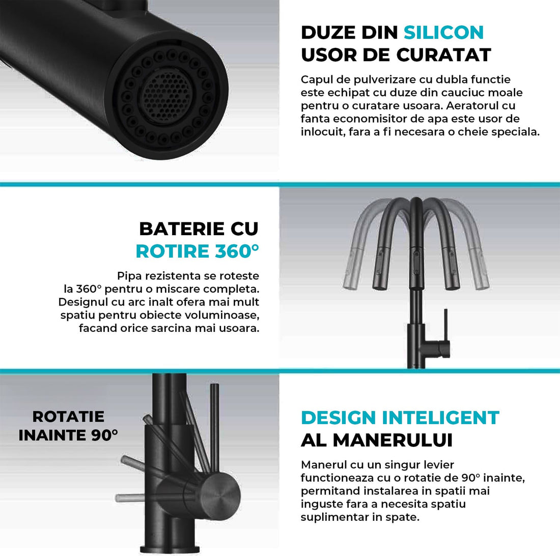 Baterie Bucatarie cu Dus Extractibil Elindor®, Jet Ajustabil, Design Modern, Negru