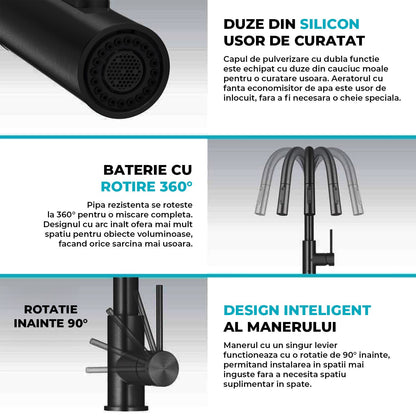 Baterie Bucatarie cu Dus Extractibil Elindor®, Jet Ajustabil, Design Modern, Negru