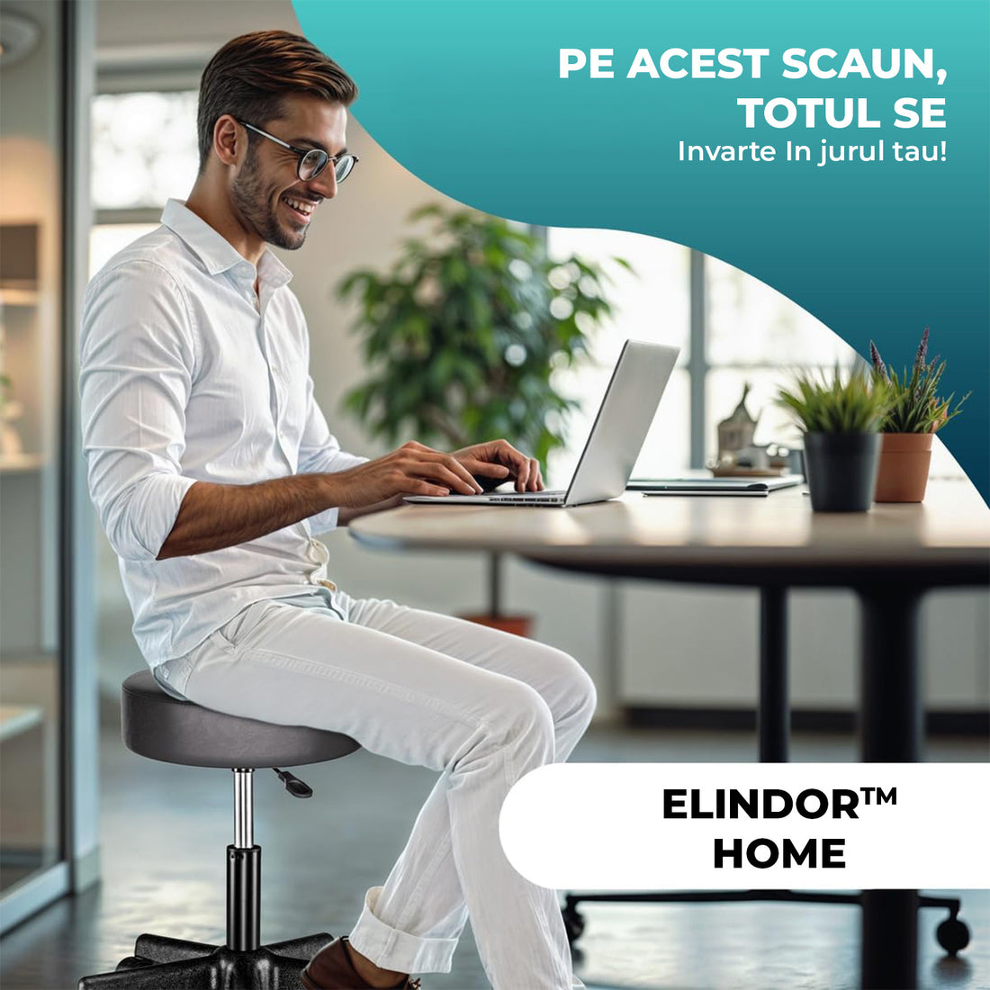 Scaun Rotativ Elindor® cu Roti, Ergonomic, fara Spatar si Manere, Design Compact, Tapitat cu Burete Moale, cu Picior Metalic, Potrivite pentru Living, Bucatarie, Birou, Dormitor, Inaltime Ajustabila, 48 x 48 x 46-60 cm, Negru