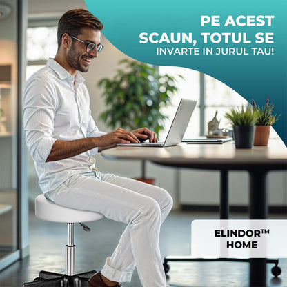 Scaun Rotativ Elindor® cu Roti, Ergonomic, fara Spatar si Manere, Design Compact, Tapitat cu Burete Moale, cu Picior Metalic, Potrivite pentru Living, Bucatarie, Birou, Dormitor, Inaltime Ajustabila, 49 x 49 x 46-60 cm, Alb
