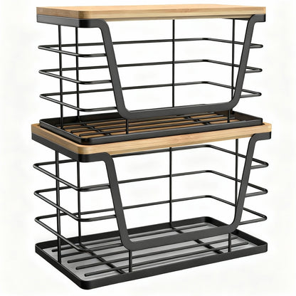 Set 2 Cosuri Depozitare Elindor® cu Capac, Organizator Metalic pentru Bucatarie si Baie, Organizatoare Stivuibile Dulap, Cutii pentru Camara, Baie, Bar, Birou, Cos Multifunctional, Separator Fructe, Legume, Parfumuri, Creme, Bambus