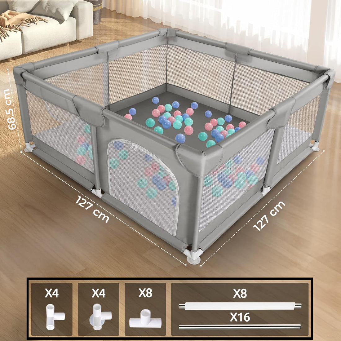 Tarc de Joaca pentru Bebelusi si Copii Elindor® cu Husa Groasa din Spuma, Spatiul Sigur de Joaca, Plasa de Protectie, Include Usa cu Fermoar, Materiale Eco-Friendly și Non-Toxice, Varsta 0-5 ani, 127 x 127 cm, Gri