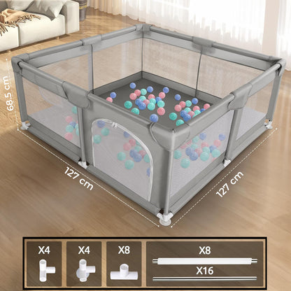 Tarc de Joaca pentru Bebelusi si Copii Elindor® cu Husa Groasa din Spuma, Spatiul Sigur de Joaca, Plasa de Protectie, Include Usa cu Fermoar, Materiale Eco-Friendly și Non-Toxice, Varsta 0-5 ani, 127 x 127 cm, Gri