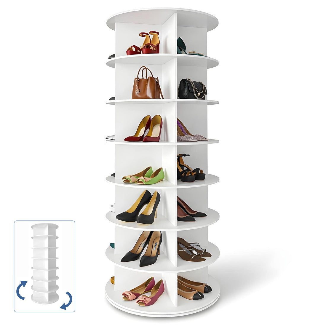 Organizator pentru Pantofi Elindor® Pantofar cu 4x 7 Nivele, Rotativ 360°, Suport pentru Papuci, Dulap Hol, Dormitor, Economisire Spatiu, Depozitare Incaltaminte, 59×59×160 cm, Alb