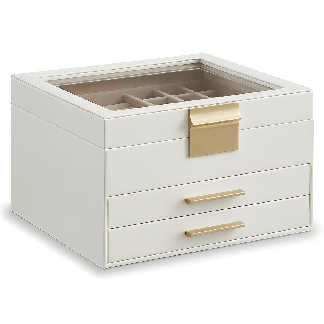 Cutie de Bijuterii Elindor® Organizator pe 3 Niveluri, Sertar x2, Spatiu de Depozitare pentru Inel, Verighete, Lantisoare, Bratari, Cercei, Caseta din Material Catifelat, Design Rafinat, Simplu si Elegant, Piele Ecologica si Catifea, 20 x 23 x 13.5 cm, Al