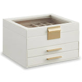 Cutie de Bijuterii Elindor® Organizator pe 3 Niveluri, Sertar x2, Spatiu de Depozitare pentru Inel, Verighete, Lantisoare, Bratari, Cercei, Caseta din Material Catifelat, Design Rafinat, Simplu si Elegant, Piele Ecologica si Catifea, 20 x 23 x 13.5 cm, Al