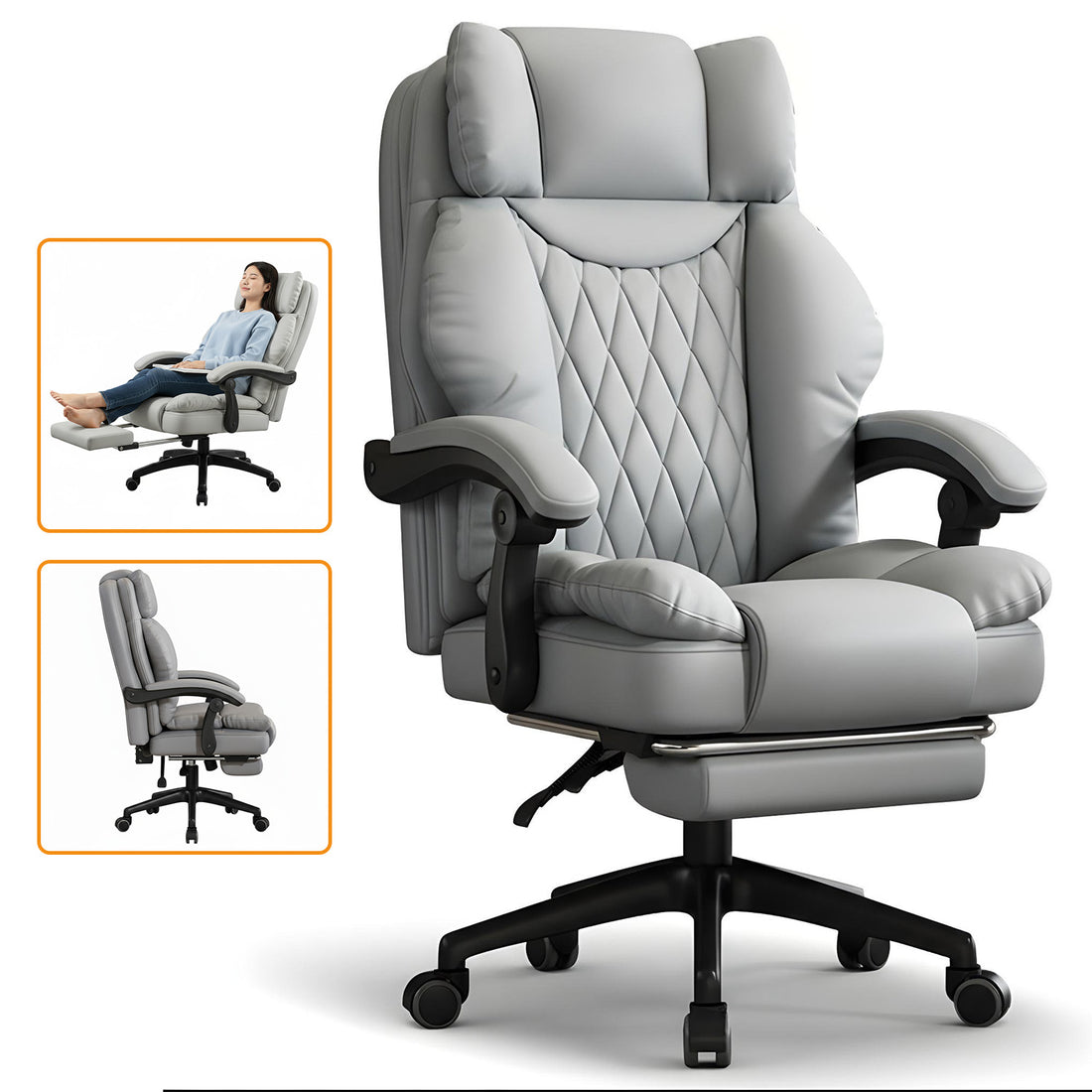 Scaun de Birou Elindor® Ergonomic, Design Contemporan, Scaun cu Spatar si Manere, din Piele PU cu Suport pentru Picioare si Roti, Latime Sezut 58 cm, Inaltime intre 110-118 cm, Gri