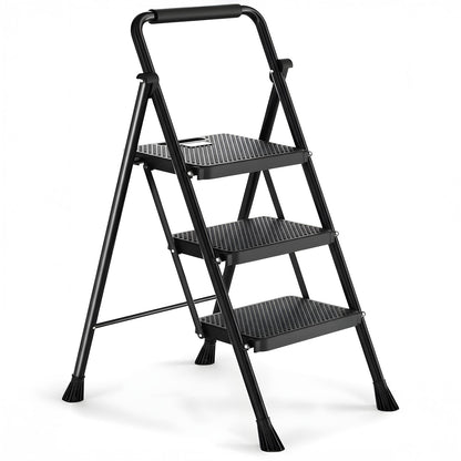 Scara Pliabila Metalica Elindor® cu 3 Trepte, Portabila, cu Pedale si Maner Antiderapante, Ideala pentru Interior sau Exterior, pentru Uz Casnic, Usor de Depozitate, 51 × 68 × 104 cm, Negru