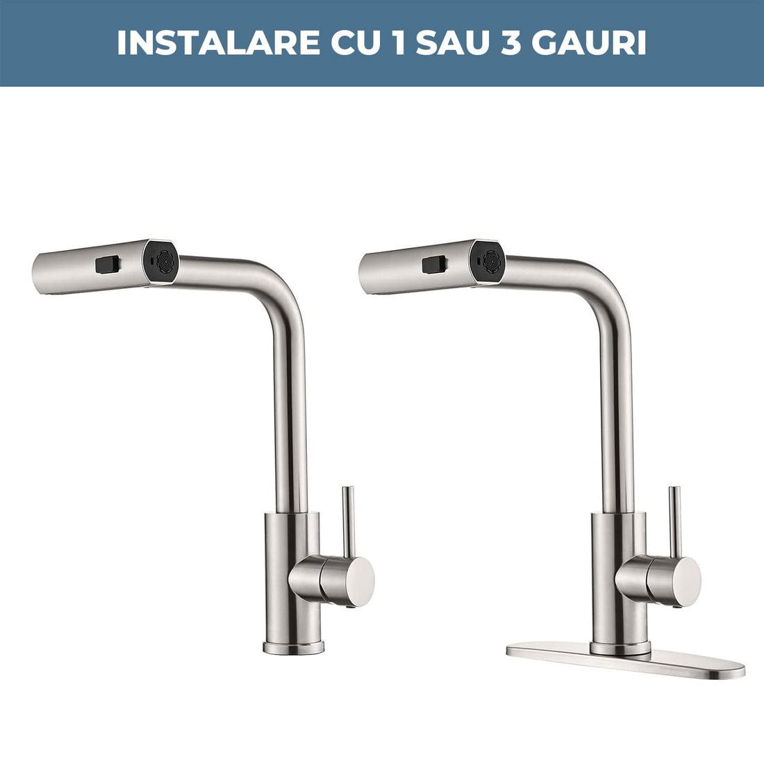 Baterie Bucatarie Elindor® Cu Dus Extractibil, Pipa Inalta, Finisaj Nichel Periat, Argintiu