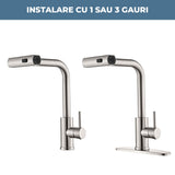 Baterie Bucatarie Elindor® Cu Dus Extractibil, Pipa Inalta, Finisaj Nichel Periat, Argintiu