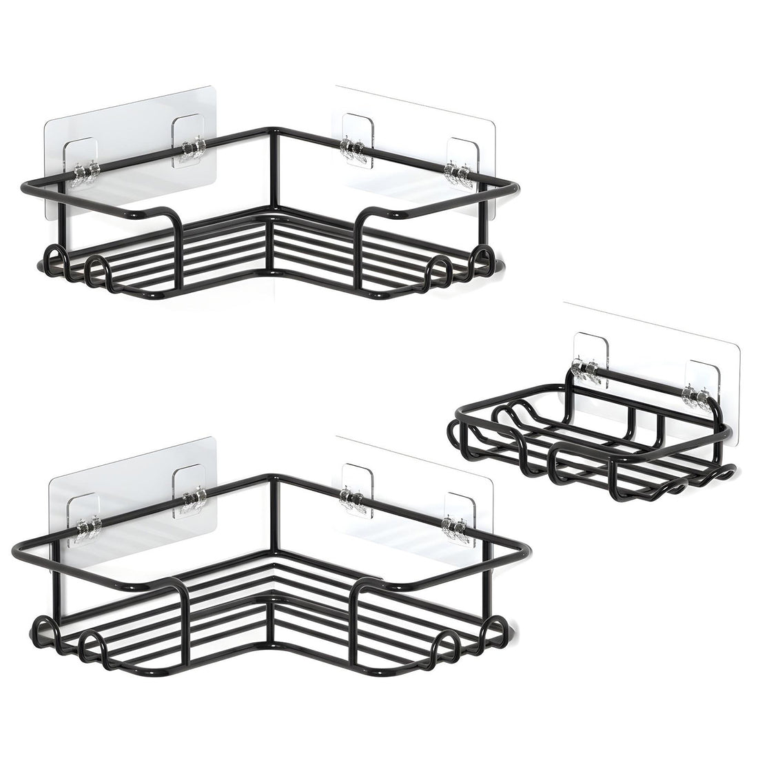 Set 3 Rafturi de Dus Elindor® Polita cu Adeziv, Etajera de Baie pentru Colt, Raft cu Carlige, Suport Prosop si Sapun, din Inox, Organizator Baie sau Etajere Depozitare in Bucatarie, Accesorii, 23 x 8.3 x 23 cm, Negru