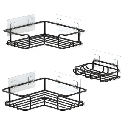 Set 3 Rafturi de Dus Elindor® Polita cu Adeziv, Etajera de Baie pentru Colt, Raft cu Carlige, Suport Prosop si Sapun, din Inox, Organizator Baie sau Etajere Depozitare in Bucatarie, Accesorii, 23 x 8.3 x 23 cm, Negru