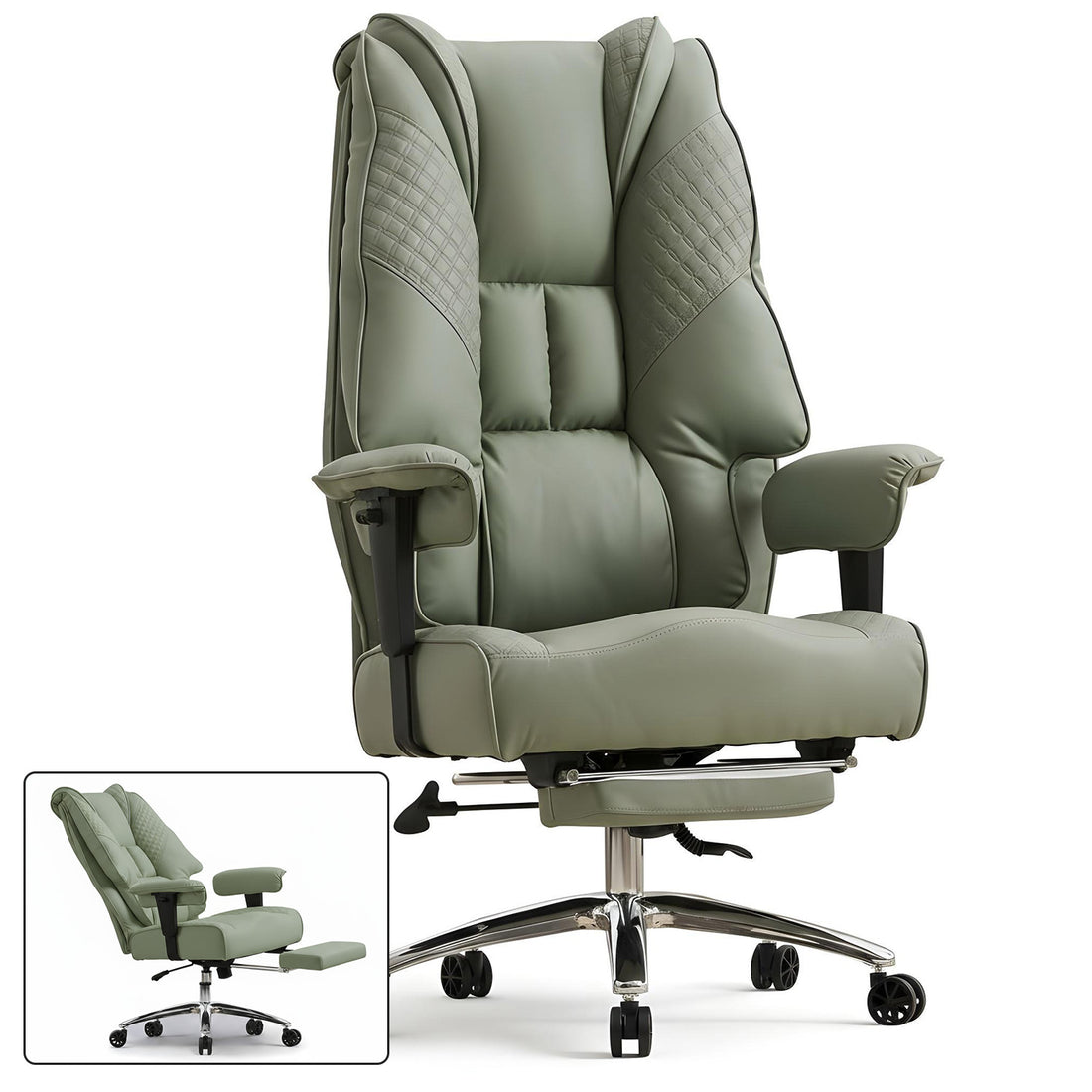 Scaun de Birou Elindor® Ergonomic, Design Contemporan, Scaun cu Spatar si Manere, din Piele PU cu Suport pentru Picioare si Roti, Latime Sezut 58 cm, Inaltime intre 48-56 cm, Verde