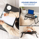 Masa Pliabila pentru Laptop Elindor® cu Suport Pahar, Antiderapanta, 5 Unghiuri de Inclinare, Usor de Depozitat, Birou Portabil Utilizare in Orice Loc, Ideala la Munca sau Mic Dejun la Pat, Negru