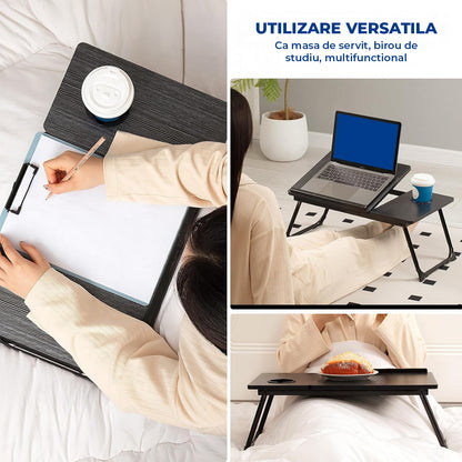 Masa Pliabila pentru Laptop Elindor® cu Suport Pahar, Antiderapanta, 5 Unghiuri de Inclinare, Usor de Depozitat, Birou Portabil Utilizare in Orice Loc, Ideala la Munca sau Mic Dejun la Pat, Negru