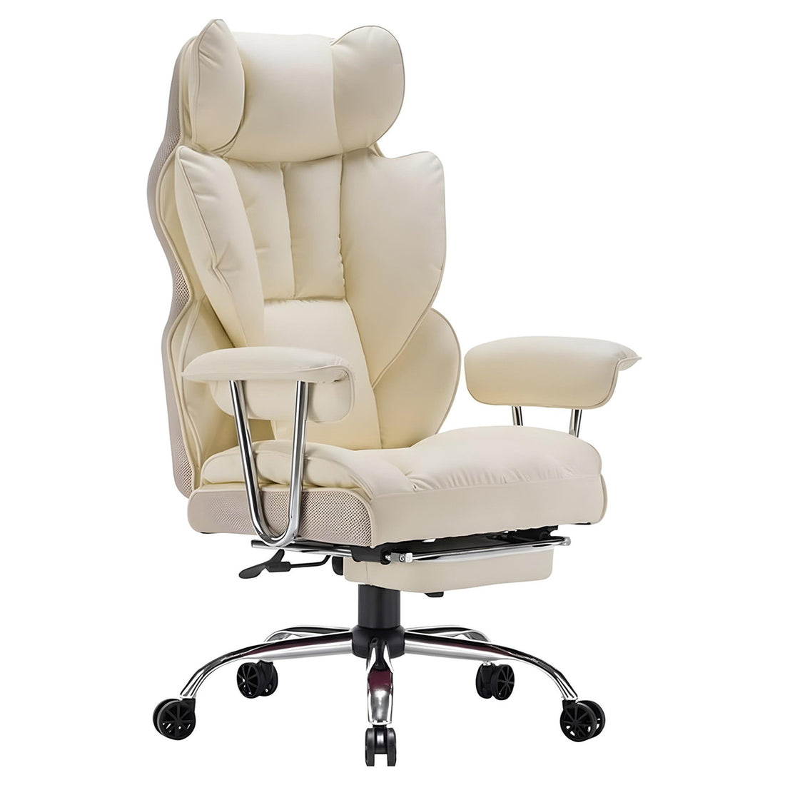 Scaun de Birou Elindor® Ergonomic, Design Contemporan, Scaun cu Spatar si Manere, din Piele PU cu Suport pentru Picioare si Lombar, cu Roti, 52 x 60 x 127 cm, Bej