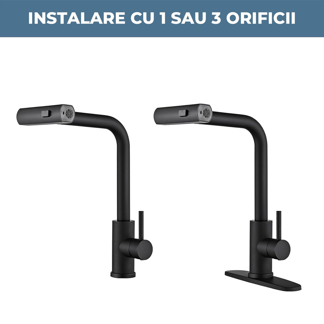 Baterie Bucatarie Elindor® Cu Dus Extractibil, Pipa Inalta, Finisaj Nichel Periat, Negru